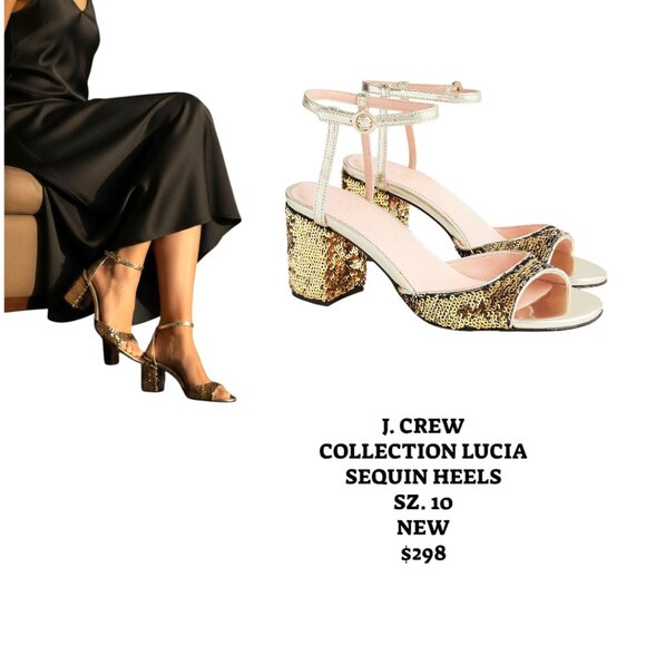 J.CREW COLLECTION GOLD LEATHER SEQUIN ANKLE STRAP HEELS SANDALS 10 NEW $298 - Picture 1 of 5